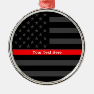 Personalised Thin Red Line Grey US Flag Keepsake Metal Tree Decoration