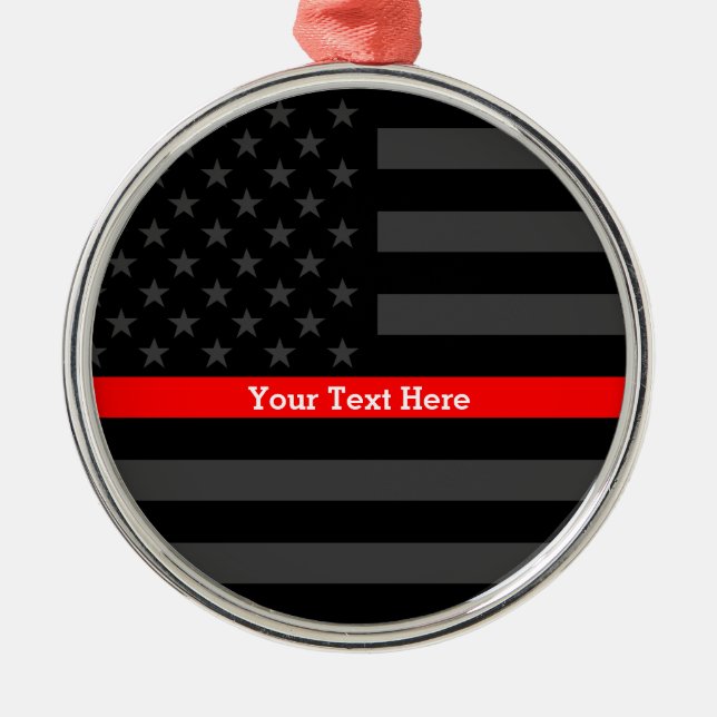 Personalised Thin Red Line Grey US Flag Keepsake Metal Tree Decoration (Front)