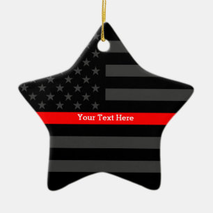 Personalised Thin Red Line Grey US Flag Your Text Ceramic Tree Decoration