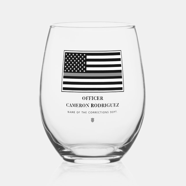 Personalised Thin Silver Line Correctional Officer Stemless Wine Glass (Front)