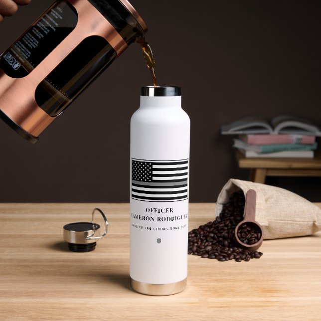 Personalised Thin Silver Line Correctional Officer Water Bottle (Coffee)