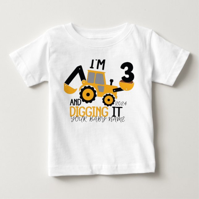    ﻿Personalised Three  3rd Birthday Construction  Baby T-Shirt (Front)