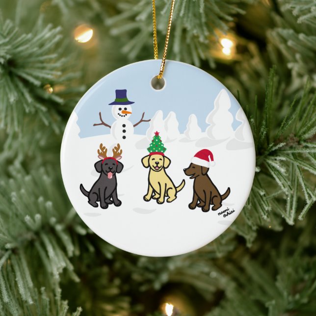 Personalised Three Labradors and Snowman Ceramic Tree Decoration (Tree)