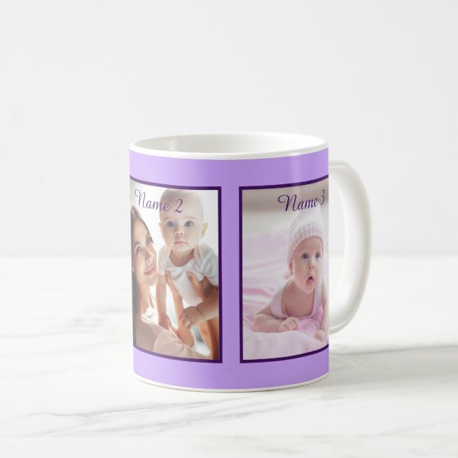 Personalised Three Photo Name Lilac Elegant Script Coffee Mug (Front Right)