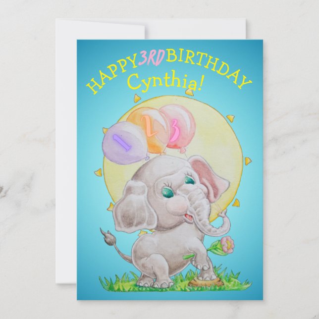 Personalised Three Years Old Girls Birthday Card  (Front)