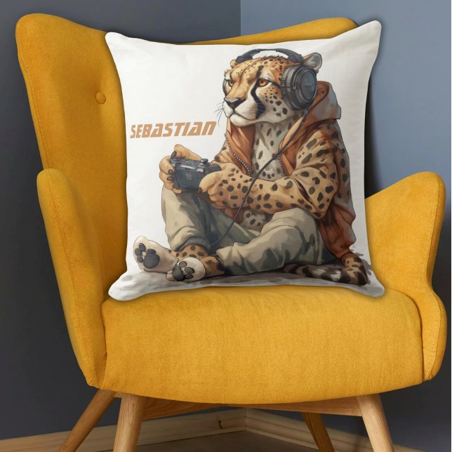 Personalised Throw Pillow Gamer Cheetah for Kids (Funny Cheetah wearing headphones and hoodie playing video games personalized kids pillow)