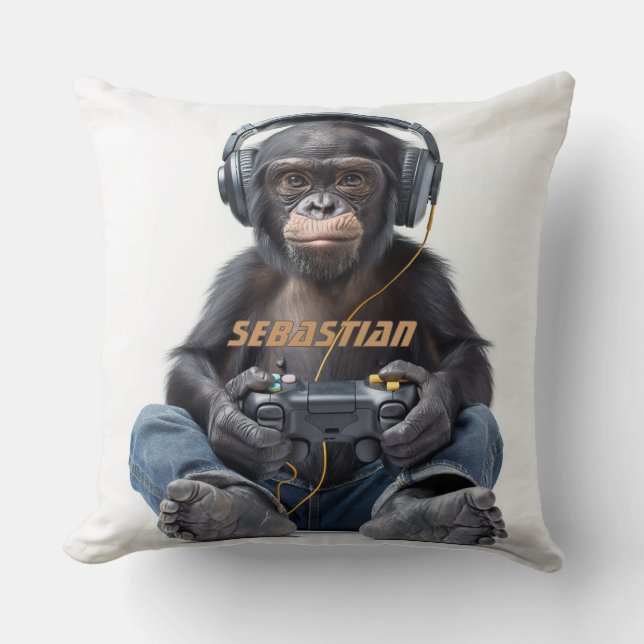 Personalised Throw Pillow Gamer Chimp for Kids (Front)