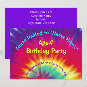 Personalised Tie Dye Invitations, Birthday Invitation
