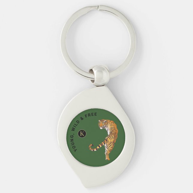 Personalised Tiger Monogram Green Background Key Ring (Front)