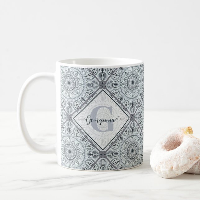 Personalised Tiled Floral Harmony Grey Mandala Coffee Mug (With Donut)