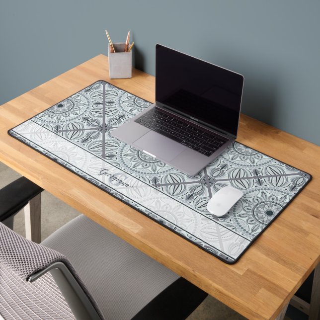 Personalised Tiled Floral Harmony Grey Mandala Desk Mat (Office 2)