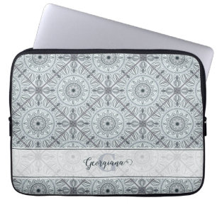 Personalised Tiled Floral Harmony Grey Mandala Laptop Sleeve