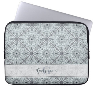 Personalised Tiled Floral Harmony Grey Mandala Laptop Sleeve
