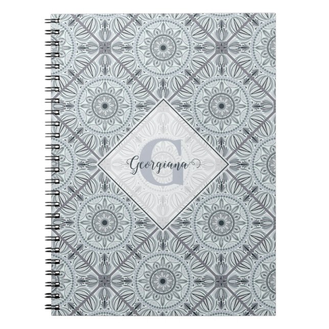 Personalised Tiled Floral Harmony Grey Mandala Notebook (Front)