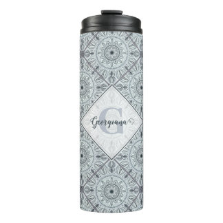 Personalised Tiled Floral Harmony Grey Mandala Thermal Tumbler
