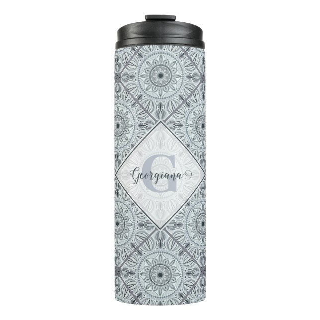 Personalised Tiled Floral Harmony Grey Mandala Thermal Tumbler (Front)