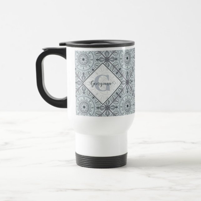 Personalised Tiled Floral Harmony Grey Mandala Travel Mug (Left)
