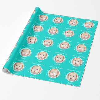 Personalised tiny hearts photo aqua green wrapping paper