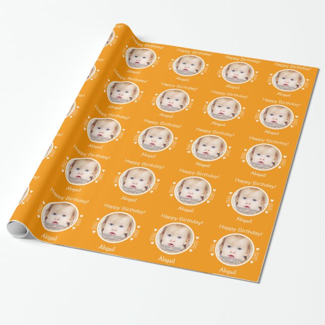 Personalised tiny hearts photo orange wrapping paper (Unrolled)