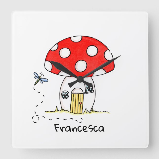Personalised Toadstool & Dragonfly Square Wall Clock (Front)