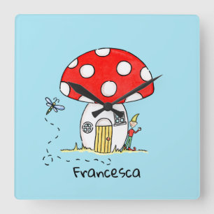 Personalised Toadstool, Elf & Dragonfly Square Wall Clock