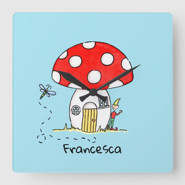 Personalised Toadstool, Elf & Dragonfly Square Wall Clock (Front)