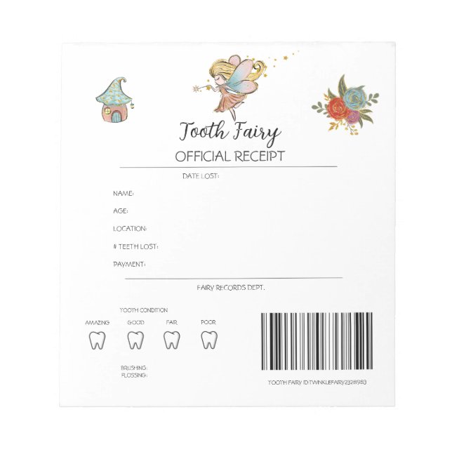 Personalised Tooth Fairy Receipts Notepad (Front)