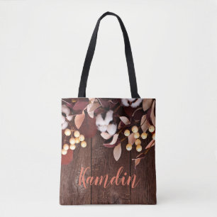 Personalised Tote Bag Cotton Branch on Dark Wood S