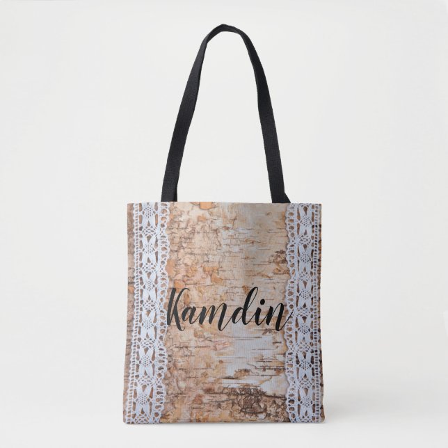 Personalised Tote Bag Country Barn Wood Lace Trim (Front)