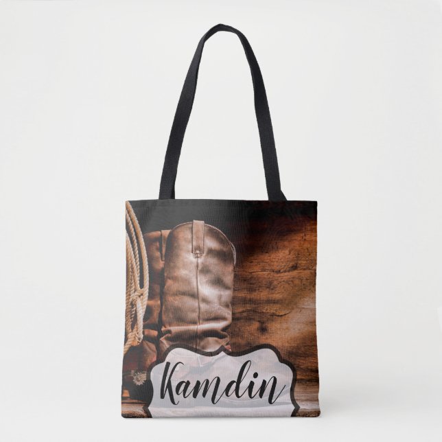 Personalised Tote Bag Cowboy Boots Barn Wood Rusti (Front)