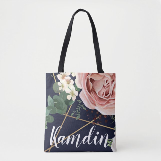 Personalised Tote Bag Geometric Garden Rose Navy (Front)
