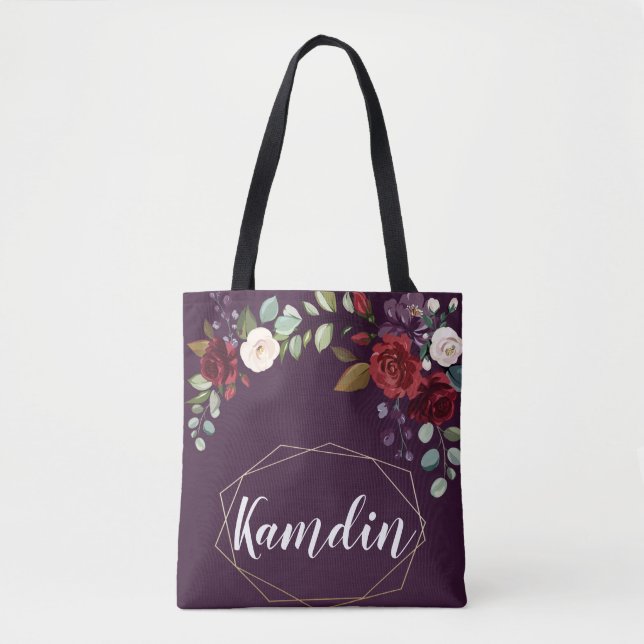 Personalised Tote Bag Plum Purple Roses Gold Geome (Front)