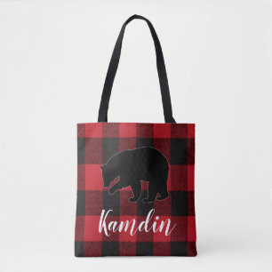 Personalised Tote Bag Red Buffalo Plaid Bear Black