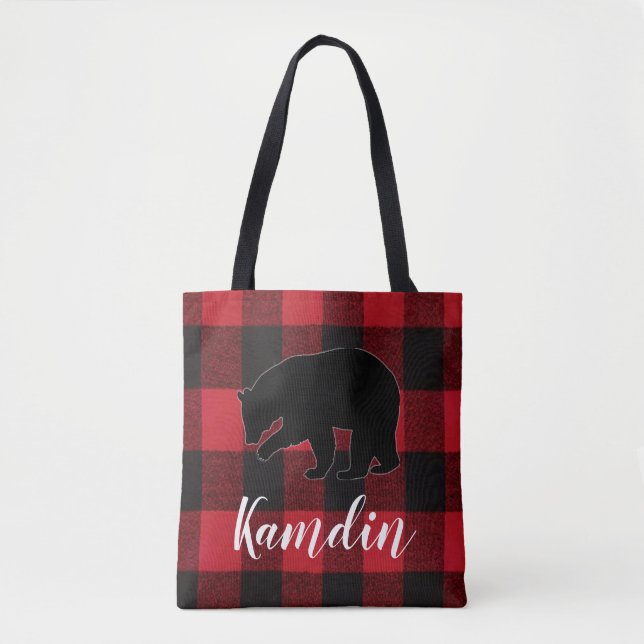 Personalised Tote Bag Red Buffalo Plaid Bear Black (Front)