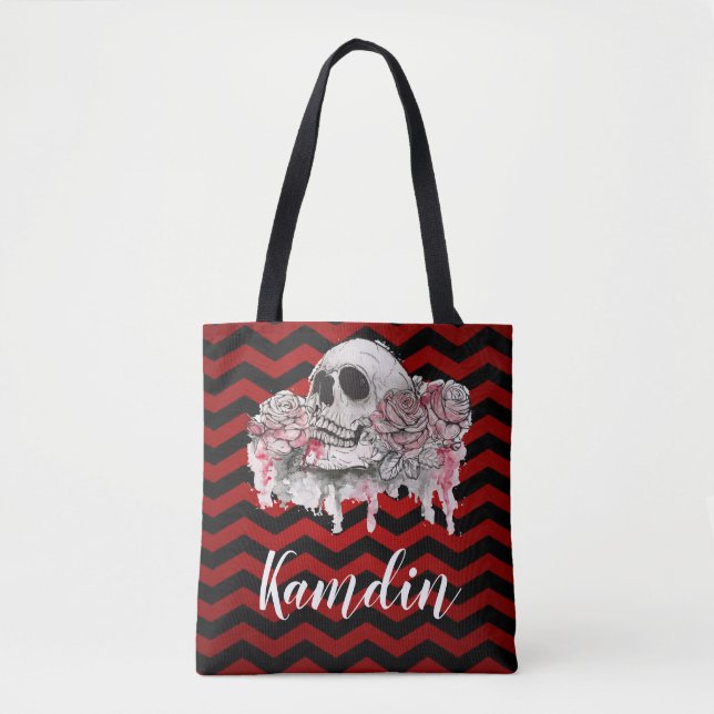 Personalised Tote Bag skull Rose goth Chevron red (Front)