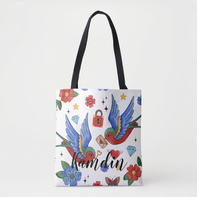 Personalised Tote Bag Traditional Bird Tattoo Spar (Front)