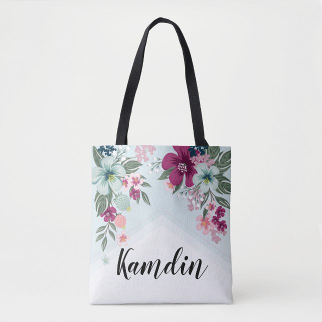 Personalised Tote Bag Tropical Flower on Blue Ombr (Front)