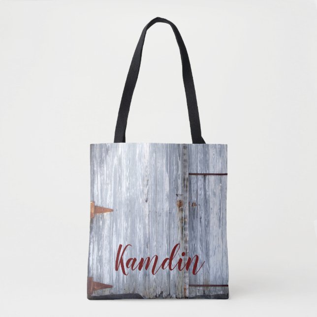 Personalised Tote Bag White Wash Wood Barn Door Co (Front)