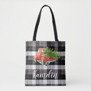 Personalised Tote Bag XMAS Truck Baffalo Plaid Bla