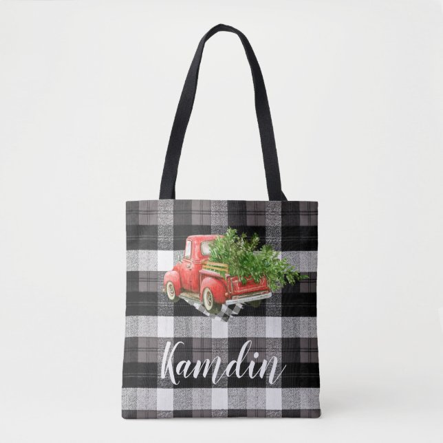 Personalised Tote Bag XMAS Truck Baffalo Plaid Bla (Front)