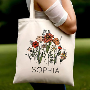 Personalised Tote Bags with Name Rustic Wildflower