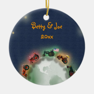 Personalised Tractor Christmas Ornament: Peace on Ceramic Tree Decoration