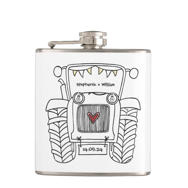 Personalised Tractor Country Wedding Gift Hip Flask (Front)