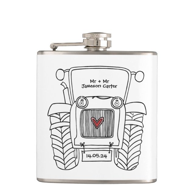 Personalised Tractor Country Wedding Gift Hip Flask (Front)