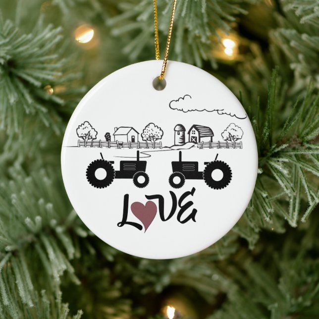Personalised Tractor Couple Farm LOVE Christmas Ceramic Tree Decoration (Tree)