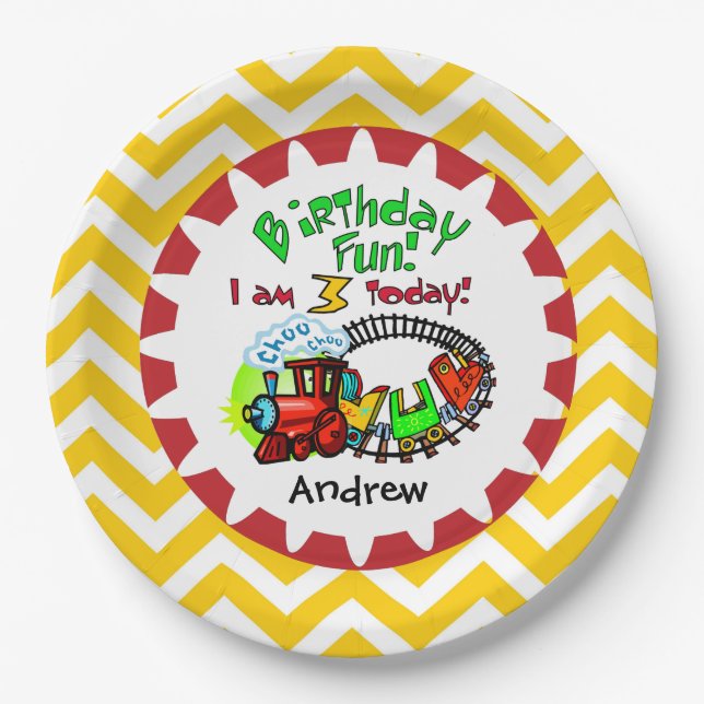 Personalised Train 3rd Birthday Paper Plates (Front)