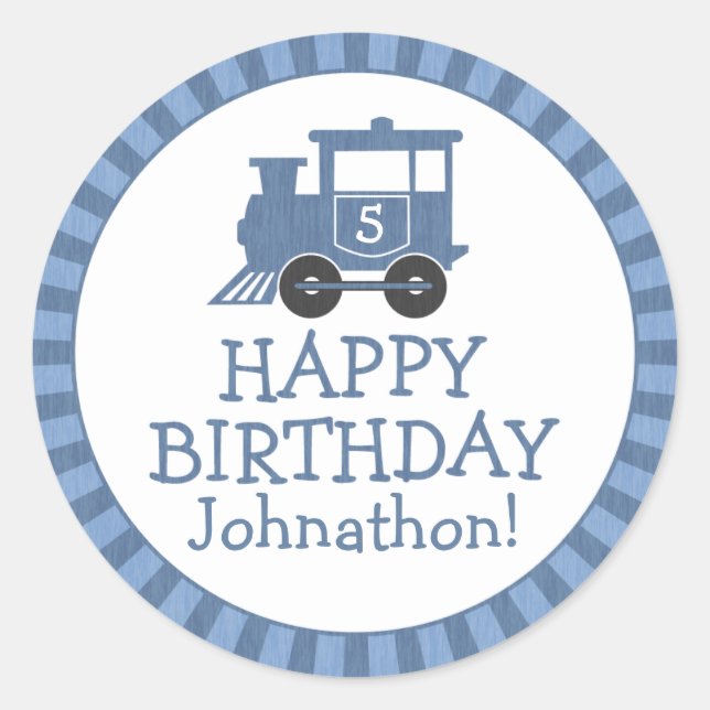 Personalised Train Kids Birthday Stickers Drk Blue (Front)