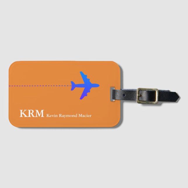 personalised travel aeroplane orange luggage tag (Front Horizontal)
