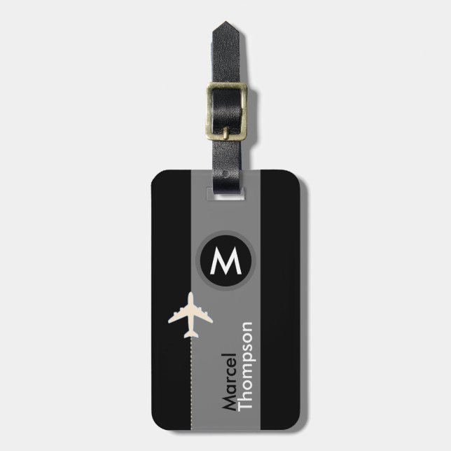 personalised travel . elegant monogram modern blk luggage tag (Front Vertical)