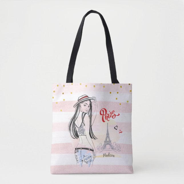 Personalised Travel Paris Pink Stripes Sketch   Tote Bag (Front)